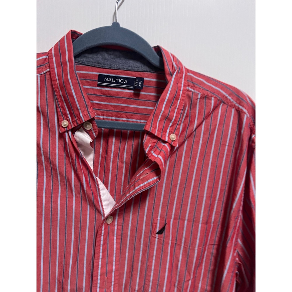 Nautica Mens Large Red Blue Striped Long Sleeve Button Down Shirt Pocket Logo